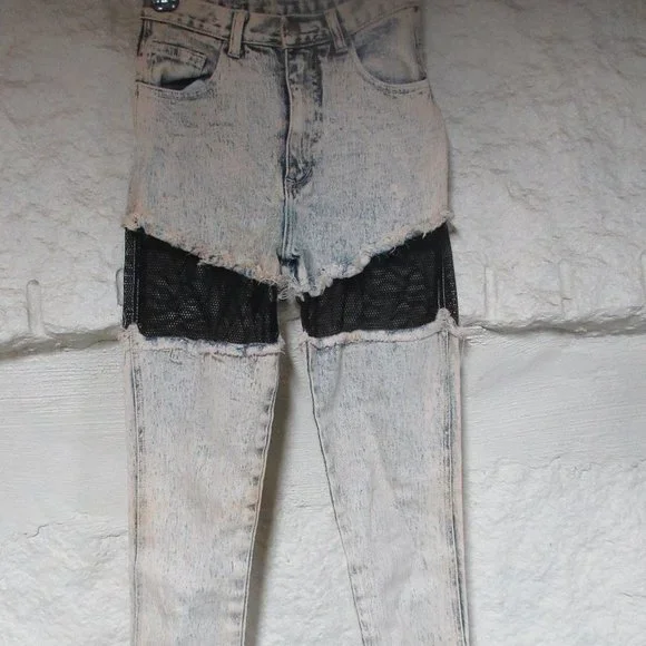 Vintage Retro Traffic Acid Wash Fishnet Jeans Size 7/8 - Picture 1 of 6